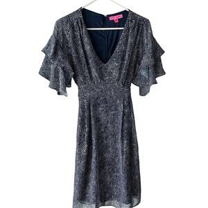 Betsey Johnson Fit & Flare Ruffle Sleeve Dress Navy White Polka Dot Sz 6 EUC